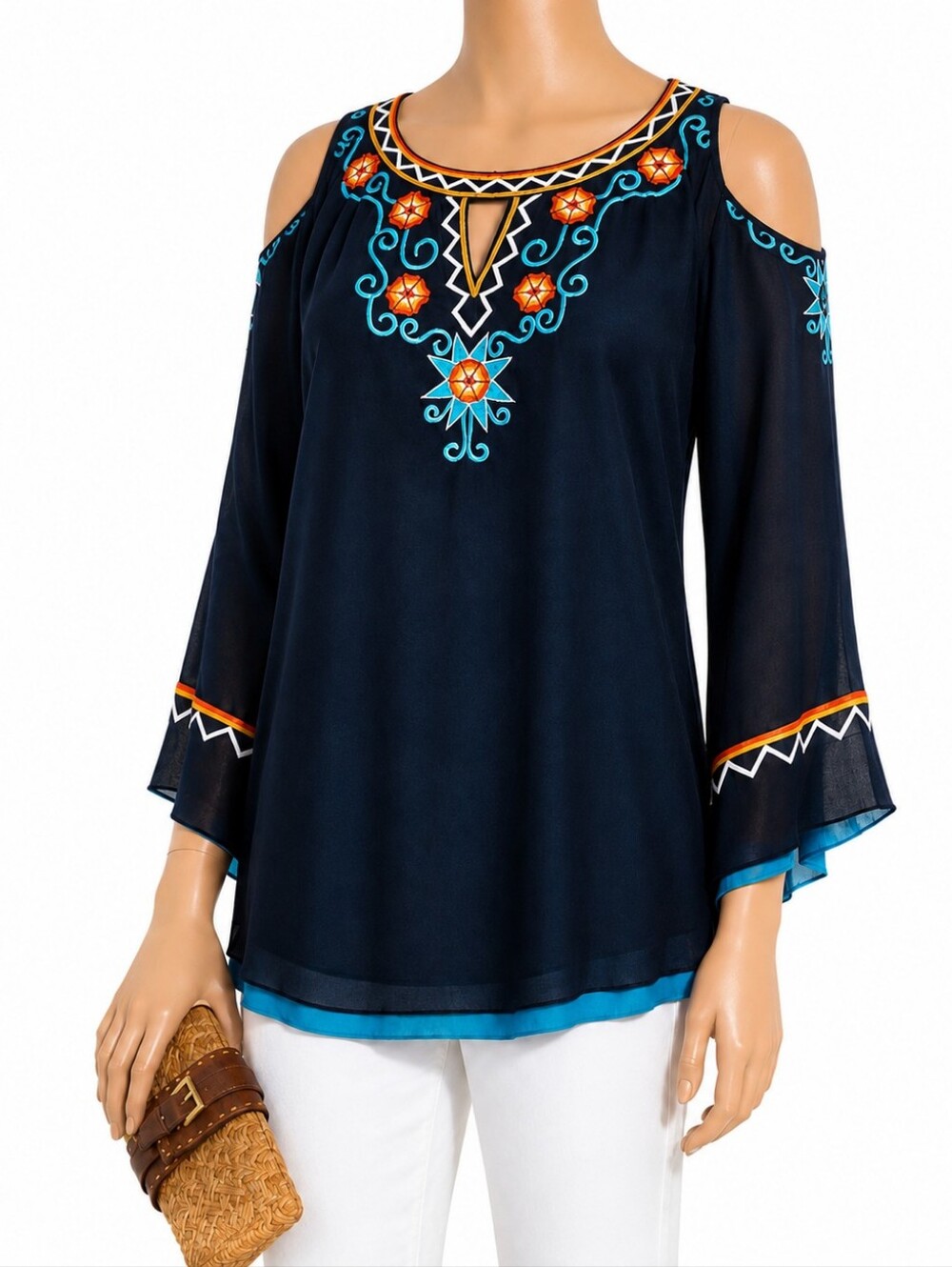 Tunique Boho Style Cold-Shoulder Cutouts Embroidered Tunic Top M